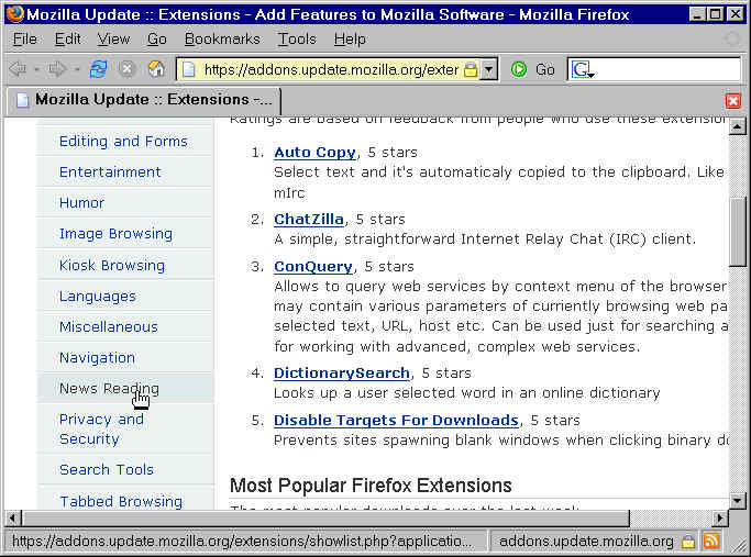 Firefox extensions window